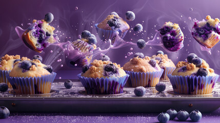 Enchanting image of blueberry muffins with berries and crumbs seemingly suspended in mid-air with a mystical purple background - obrazy, fototapety, plakaty