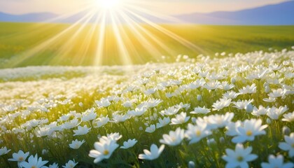 A breathtaking close-up of delicate white field flowers basking in the warm sunlight, their petals gently swaying in the gentle breeze. - obrazy, fototapety, plakaty