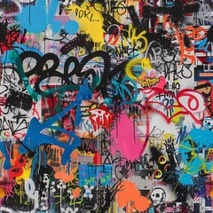 Urban graffiti art with vibrant splatters, tags, and icons in a chaotic collage. Seamless pattern wallpaper background.