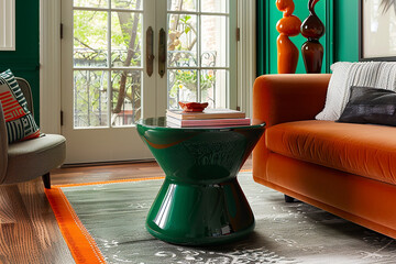  A high-gloss lacquered side table in a bold, statement colour like deep emerald green, adding a pop of personality to any space. 
