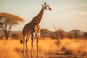 Obraz premium A graceful giraffe walks through the tall grass of the African savanna at sunset, with acacia trees in the background