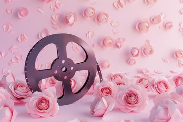 A 3D film reel icon for cinema lovers, on a pastel rose background