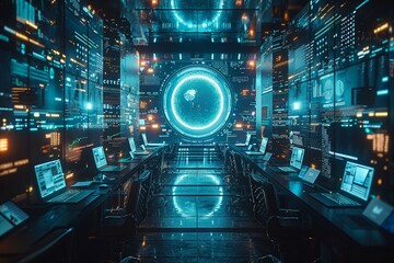  An artistic visualization of students using interactive media screens in a 3D virtual classroom