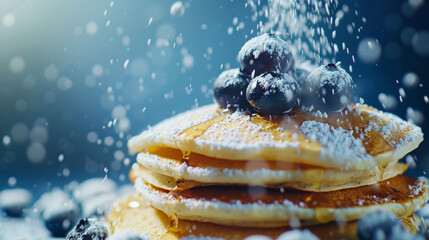 A high-angle shot capturing the composition of blueberry pancakes with a powdered sugar effect resembling light snowfall - obrazy, fototapety, plakaty