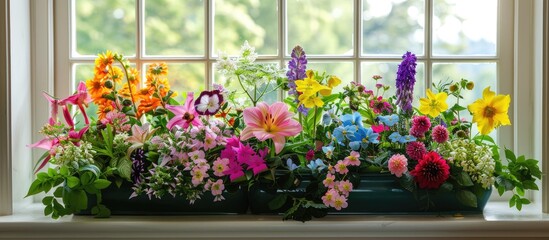 Display of vibrant garden flowers in a window planter - obrazy, fototapety, plakaty