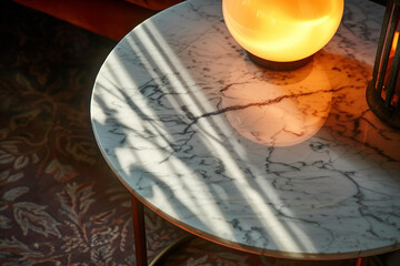  A marble-topped side table showcasing its natural veining under the warm glow of a table lamp. 
