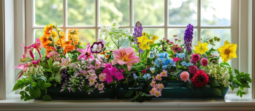 Fototapeta Display of vibrant garden flowers in a window planter