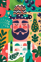 Stylized man's face with a patterned hat amidst a background of wine and leaves.