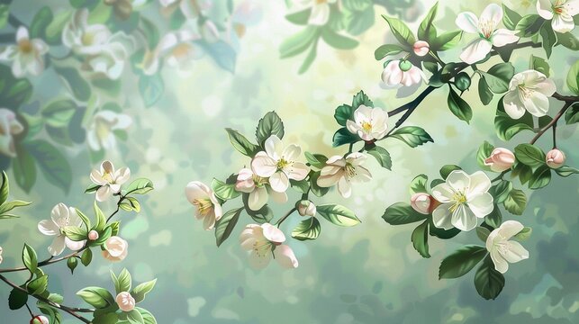 Blossoming branch with green leaves and white flowers . Spring background.