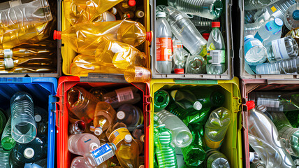 Colorful Plastic Bottles Recycling Collection
. Close-up of a colorful collection of plastic bottles and caps in a recycling facility, highlighting waste management and environmental conservation.
 - obrazy, fototapety, plakaty