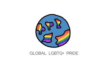 Hand drawn picture of globe with rainbow colors stripes. Global LGBTQ+ Pride. Concept, Lgbtq+ celebration in pride month, June. Symbol of LGBT community around the world.Support human right of genders