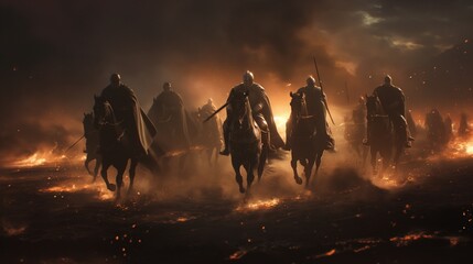 Behind them, an army of knights on horseback rushed forward. At night with flames and smoke floating in the air.ai generated. - obrazy, fototapety, plakaty