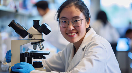 A young woman in a white lab coat is smiling while sitting at a desk with a microscope and test tubes