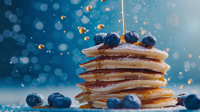 Indulgent pancakes topped with sugary blueberries, with syrup drizzling over and a sparkling light blue background adding magic