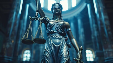 Fototapeta premium Courtroom innovation with AI as judge and jury, ethical algorithms, low angle