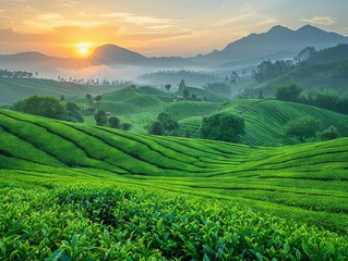 Dawn breaking over serene green tea fields, mountains looming, fresh natural ambiance