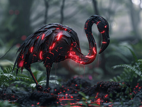 Dark flamingo robot in anime form, with glowing emberlike effects, hauntingly beautiful