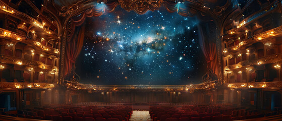 Majestic starry night enhancing classical theater scene, grandiose and timeless - obrazy, fototapety, plakaty