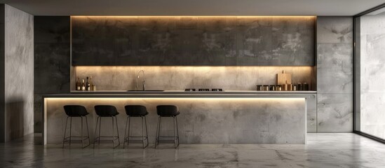 Fototapeta na wymiar Luxurious kitchen with bar stools on a central island, empty space