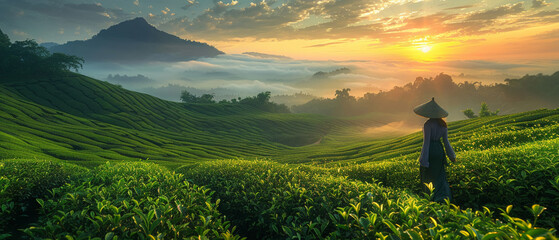 Tranquil tea fields under sunrise, with mountain silhouettes, embodying fresh nature - obrazy, fototapety, plakaty