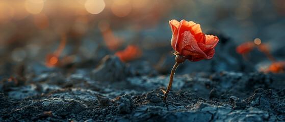 Wilted flower in murky soil, struggling yet resilient, evocative of perseverance - obrazy, fototapety, plakaty