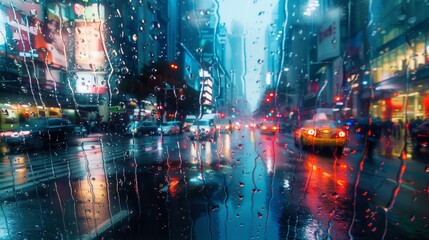 The city streets are alive with raindrops dancing along the curves and turns of the bustling metropolis. - obrazy, fototapety, plakaty