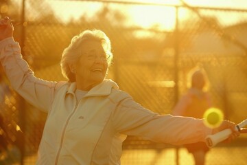 Happy senior woman playing tennis during recreational match with fellow retirees cheering. - obrazy, fototapety, plakaty