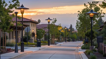 A scenic view of a quiet residential street lined with charming solarpowered streetlights that emit a soft subtle glow. . .