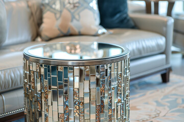 /imagine: A transitional-style side table with a mirrored mosaic top, reflecting shards of light and adding a touch of glamour to any living space. --ar 3:2 --v 6.0 - Image #1 @Zoha Noor
