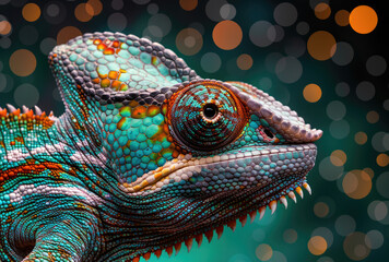 A colorful chameleon with its skin blending seamlessly into the background, macro photography - obrazy, fototapety, plakaty