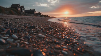8w stunning photography of walberswick beach, sand, dunes, pebbles, water, sunset, black huts in the distance, dramatic photography, cinematic, warm summer 