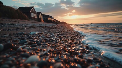 8w stunning photography of walberswick beach, sand, dunes, pebbles, water, sunset, black huts in the distance, dramatic photography, cinematic, warm summer  