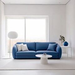 White minimal living room, everything in the room is white, white walls flushed white doors white ceiling highlighting the scene with blue minimal sofa white interior lighting