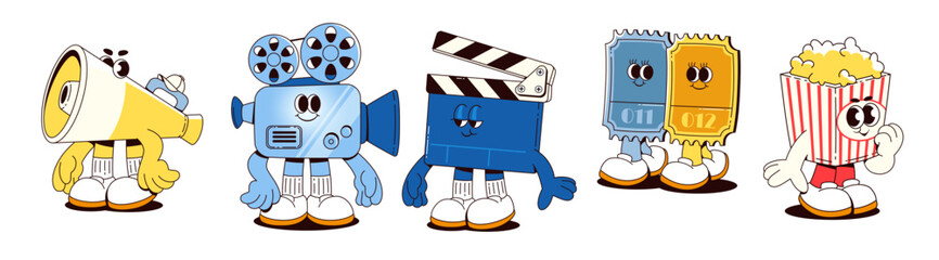 Movie theater mascots set isolated on white background. Vector cartoon illustration of megaphone, film projector, clapperboard, tickets, popcorn box characters, contemporary cinema design elements