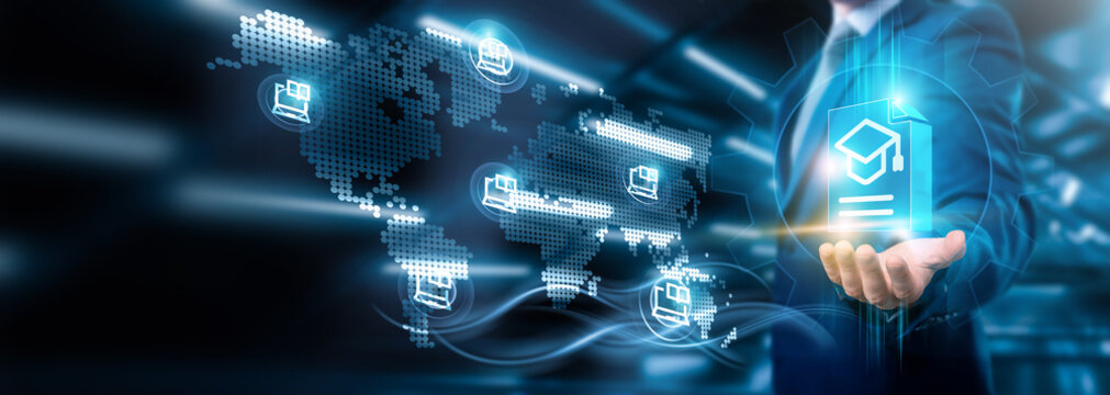 Businessman holding an e-learning platform connection on digital networking and knowledge sharing, Business strategy and skill development, workforce training, Technology and global accessibility.