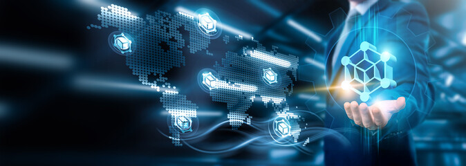 Businessman holding the key connection on blockchain networking and leveraging data analytics, Business strategy and innovation integration, pioneering advancements, Technology and global adoption.