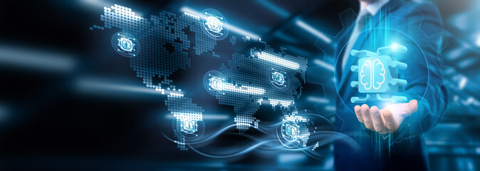 Businessman holding global MACHINE LEARNING connection on SOCIAL networking and BIG DATA analytics,...