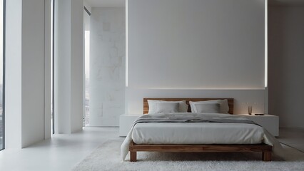 Interior of modern bedroom with white walls, carpet and wooden bed. 3d rendering