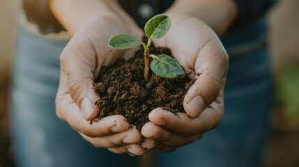 A close-up shot of a person's hands holding a handful of rich, dark soil, with a small seedling ready to be planted, representing the beginning of a gardening journey.In the style of a stock photo,  - obrazy, fototapety, plakaty