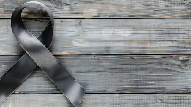 Flatlaysilver grey cancer ribbon blank wood table background  support brain tumors diabetes awareness asthma campaign men awareness fundraising survivor copy space medical healthcare diagnosis banner