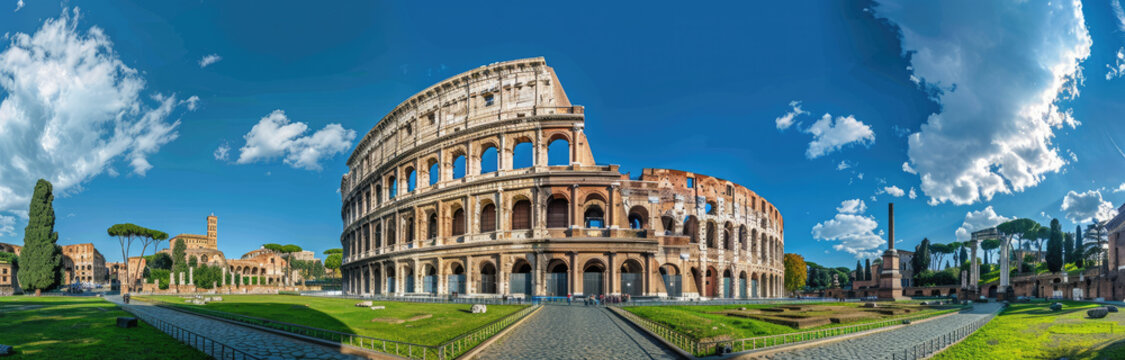 panoramic view of the Colosseum and Arch of Constantine in Rome, Italy with green grass on a sunny day