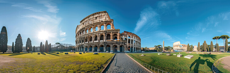 Fototapeta na wymiar panoramic view of the Colosseum and Arch of Constantine in Rome, Italy with green grass on a sunny day