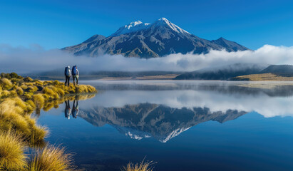 A stunning landscape photo of the majestic Mount Taranaki in New Zealand, reflecting perfectly on...