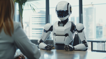 Robot in business meeting, AI integration and future tech.