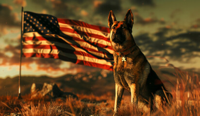 German Shepherd dog with American flag in sunset background. - obrazy, fototapety, plakaty