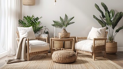 Interior of modern living room with wicker furniture and tropical plants