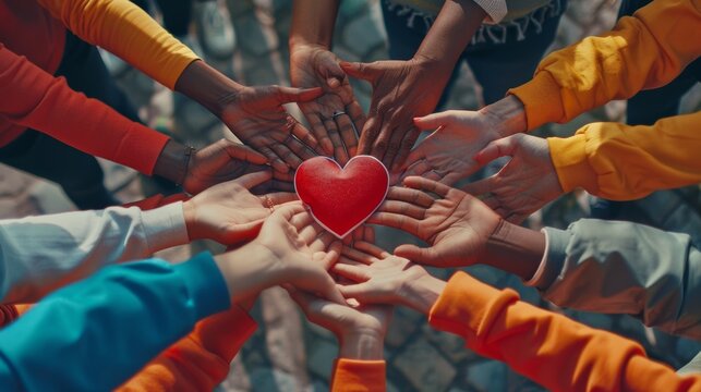 Multicultural hands coming together around a red heart.