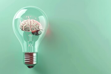 A 3D illustration of a crystal-clear light bulb with a luminous brain inside, placed on a pastel mint background for a fresh idea concept - obrazy, fototapety, plakaty