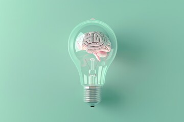 A 3D illustration of a crystal-clear light bulb with a luminous brain inside, placed on a pastel mint background for a fresh idea concept - obrazy, fototapety, plakaty