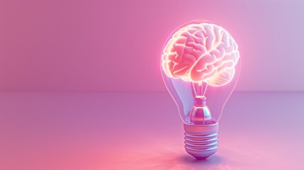 A 3D design of a brain glowing within a sleek light bulb, on a pastel magenta background, symbolizing the fusion of creativity and technology